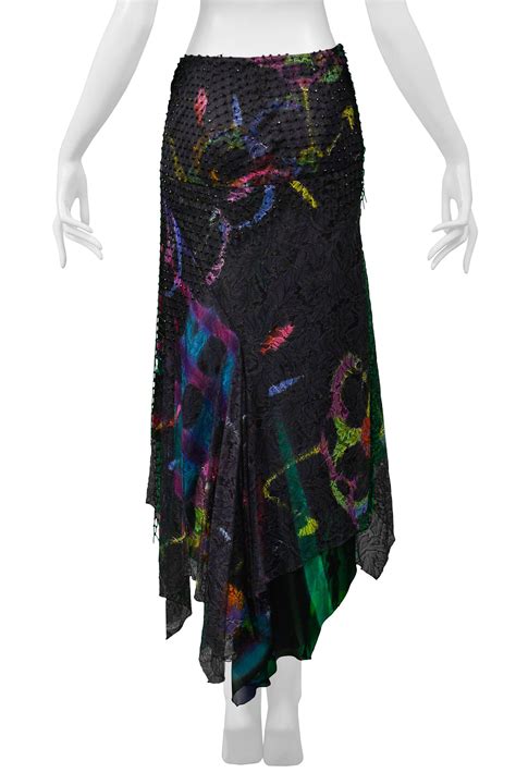 Vintage Versace 2002 Black Silk, Lace & Mesh Graffiti Evening Skirt